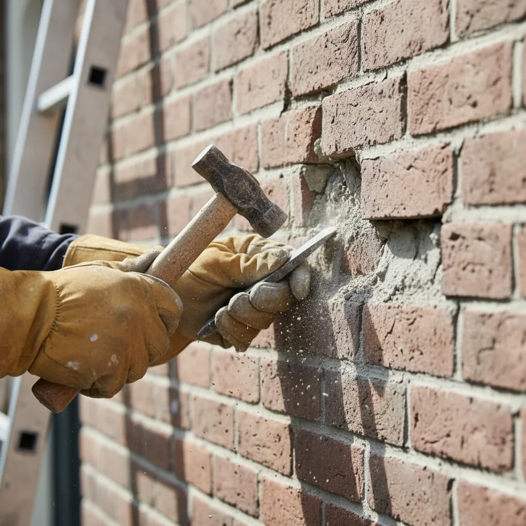 Uithakken en vervangen van voegwerk - vakman hakt oude mortel uit