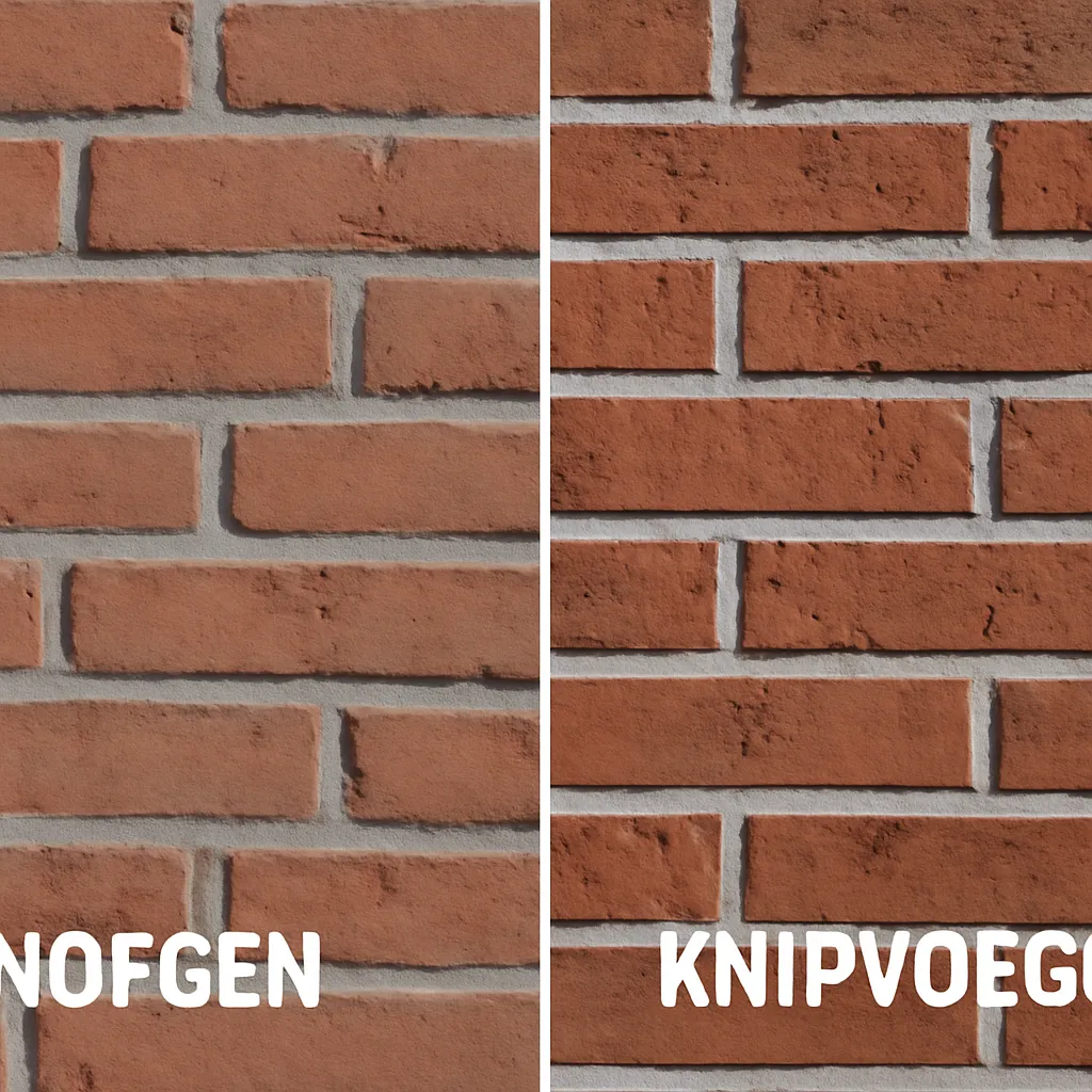 Vergelijking tussen knipvoegen (rechts) en traditioneel voegen (links) op een bakstenen muur