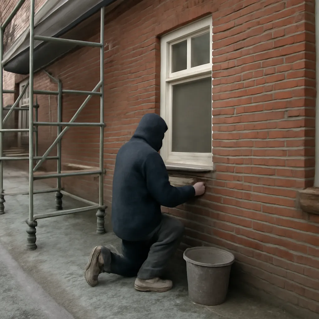 Voegwerk in de winter: metselaar aan het werk bij koude maar droge omstandigheden